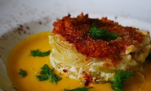 Gratin di finocchi e crema di patate allo zafferano